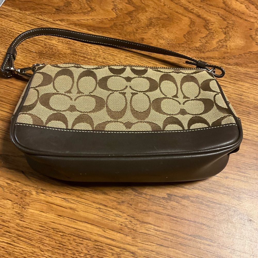 Coach Demi Signature Purse Bag Pouch Khaki Tan Monogram Chocolate Leather # 6094 - Picture 3 of 9